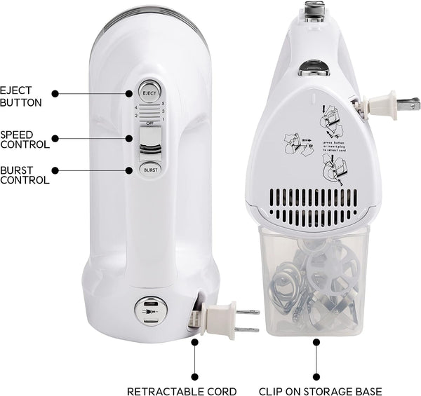 Kenmore 5-Speed Hand Mixer/Blender, 250 Watts, with Beaters, Dough Hooks, Liquid Blending Rod, Automatic Cord Retract, Burst Control, and Clip-On Accessory Storage6