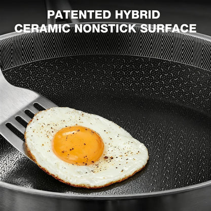 12Inch Frying Pan with Lid Ceramic Nonstick Stainless Steel Skillet | 5-Ply Stainless Steel;Ceramic Nonstick for Metal Utensils;Oven Safe 500°F;PFAS PFOA Free;Cool-Touch Handle;All Stovetops3