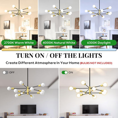 Sputnik Chandelier 10-Light, Mid Century Modern Height Adjustable Ceiling Light Fixture for Dining Room, Kitchen Island, Living Room,Bedroom-Black and Gold5