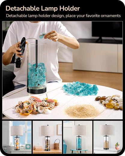 23.6" Glass Table Lamp Set of 2, DIY Refillable, Rotary Switch | Modern Bedside Lamp with Linen Lampshade, E26 Base, Nightstand Light for Living Room, Bedroom, Office2
