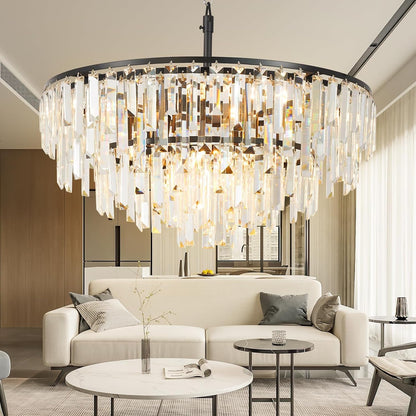 Black Modern round Top K9 Crystal Chandelier Lighting Fixture, 8 Lights round K9 Crystal Adjustable Hanging Lamp for Dining Room Bedroom Living Room,Hallway,Bar,Kitchen W24'1
