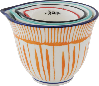 Creative Co-Op 4‑Piece Hand‑Painted Stoneware Measuring Cups with Patterns and Colored Rims, Multicolor3