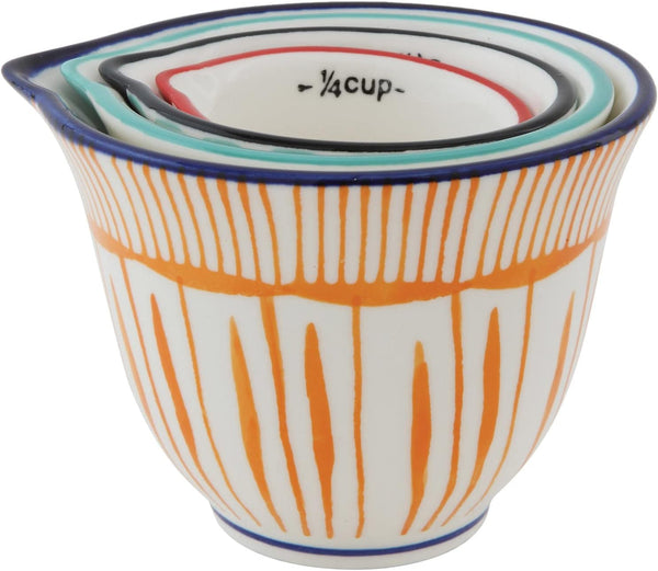 Creative Co-Op 4‑Piece Hand‑Painted Stoneware Measuring Cups with Patterns and Colored Rims, Multicolor3