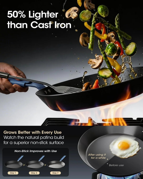 10 Inch Carbon Steel Frying Pan, Nitrided Preseasoned Skillet | Natural Patina Development with No Chemical Coating; Versatile Size for Daily Cooking & High-Heat Searing5