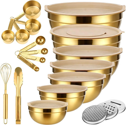 20 PCS Gold Mixing Bowls with Lids Set - 7 Mixing Bowls with 3 Graters, 8 Measuring Spoons, 1 Whisk, and 1 Food Tong, Nesting Bowl Set for Baking, Cooking, Meal Prep1