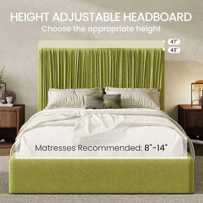 Queen Size Artisanal Pleated Velvet Bed Frame with Adjustable Headboard, Luxurious Upholstered Floor Platform Bed, Modern Low Profile Frame, Green5