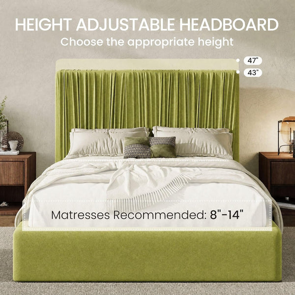 Queen Size Artisanal Pleated Velvet Bed Frame with Adjustable Headboard, Luxurious Upholstered Floor Platform Bed, Modern Low Profile Frame, Green5