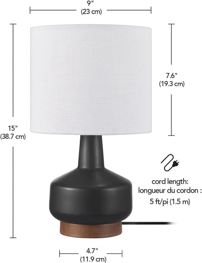 15" Ceramic Table Lamp, Matte Black Base, Wood-Toned Accent, White Linen Shade, Dual Rotary Switch, Modern Bedroom or Office Lighting, 610000469