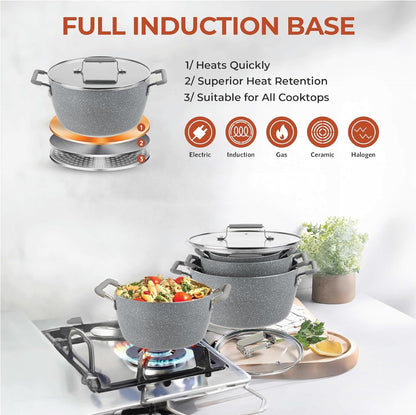 Gray Pots and Pans Set Nonstick, 6 Stackable Piece Cooking Pots Set, Kitchen Pots, Non Stick Coating, 5Qt 3Qt & 1.5Qt Pots with Lids, Stay Cool Handles Dishwasher Safe 100% Toxin Free4