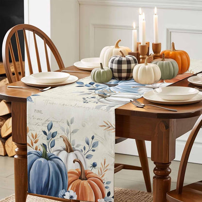 Fall Table Runner 13X48 Inches Long Blue Pumpkin Table Runners Floral Leaves Cotton Linen Autumn Harvest Dresser Scarf Kitchen Dining Table Decor for Thanksgiving Holiday Party Coffee Indoor Outdoor6