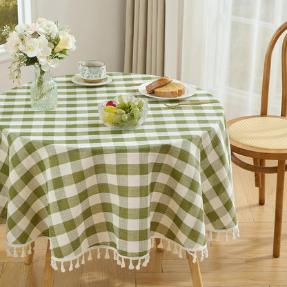 Round Gingham Tablecloth 60Inch, Cotton Linen Style, Green4