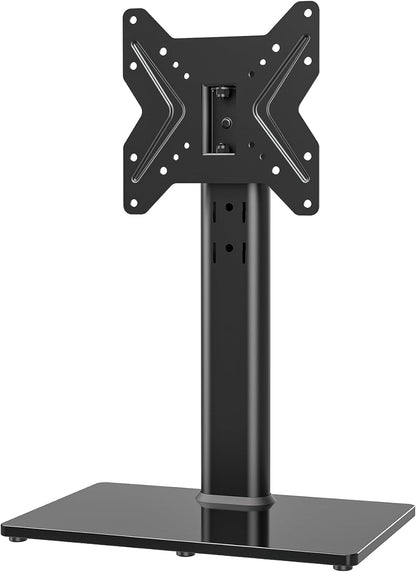 Universal Swivel Tv/Table Top TV Stand for 19 to 43 Inch Tvs with 90 Degree Swivel, 4 Level Height Adjustable, Heavy Duty Tempered Glass Base, Holds up to 99LBS HT02B-0011