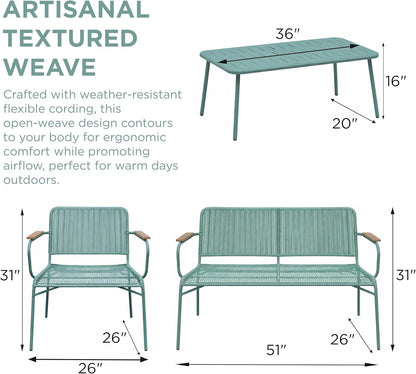 Alpine Corporation VTFAM170A 4-Piece Outdoor Rope Woven Patio Conversation Set – Sofa Bench, 2 Armchairs & Coffee Table – Modern Metal Frame with Wood Armrests – Indoor/Outdoor Seating Set8