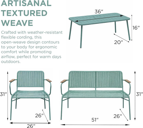 Alpine Corporation VTFAM170A 4-Piece Outdoor Rope Woven Patio Conversation Set – Sofa Bench, 2 Armchairs & Coffee Table – Modern Metal Frame with Wood Armrests – Indoor/Outdoor Seating Set8