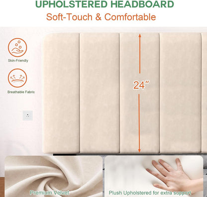 Queen Bed Frame Platform with Adjustable Upholstered Headboard Mattress Foundation No Box Spring Needed Easy Assembly Noise-Free, Velvet Beige3