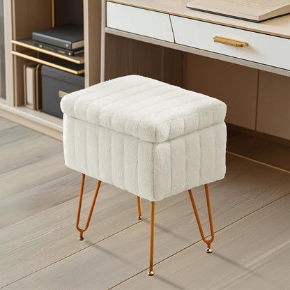 Vanity Stool Chair with Storage, Ottoman Faux Fur Soft Padded Makeup Footstools Seat with 4 Metal Legs Anti-Slip Adjustable Feet Modern Cute Small Footrest for Home Entryway Bedroom White10