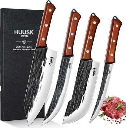 Butcher Knife Set, 4 PCS Hand Forged BBQ Knife Set for Meat Cutting | Sharp Meat Carving Breaking Knives with Ergonomic Handle for Home and Camping, Gifts for Men Women1