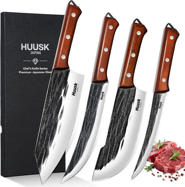 Butcher Knife Set, 4 PCS Hand Forged BBQ Knife Set for Meat Cutting | Sharp Meat Carving Breaking Knives with Ergonomic Handle for Home and Camping, Gifts for Men Women1