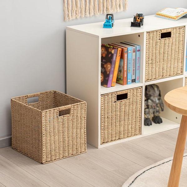 Handwoven Paper Woven Cube Basket Organizer with Handles Set of 4 Foldable Storage Baskets for Bedroom Living Room Cubby Storage Units for Clothes Books Toys (Natural, 13" L X 13" W X 13" H)4
