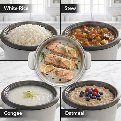 5-Cup Electric Rice Cooker and Food Steamer, White RCS01W | 400W, Nonstick Removable Pot, Keep Warm Function, Steaming Basket, Measuring Cup and Spatula Included4