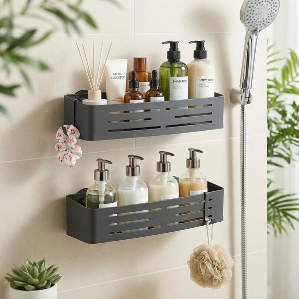 2 Pack Shower Caddy Suction Cups, Shower Shelves with 4 Hooks Rust-Proof Aluminum Alloy,Large Capacity No Drilling Required Removable Bathroom Storage Rack for Shampoo, Shower Gel, Razors6