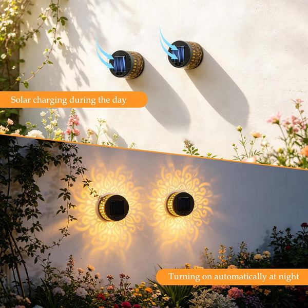 Decorative Solar Mandala Lights,Solar Powered Outdoor Deck Step Wall Lights,Mandala Theme Waterproof Fence Light for Garden Post Patio Backyard Yard Decor (2 Pack)2