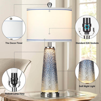 Coastal Glass Table Lamps for Living Room, 26" Table Lamps with USB A+C Ports & AC Outlet, Touch Control Bedside Nightstand Lamp with Crystal Night Light for End Table Office Desk Blue(Bulbs Included)5