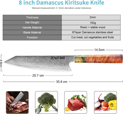 XITUO 8 Inch Kiritsuke Chef Knife, Japanese VG10 Damascus Steel – Professional Kitchen Knife for Meat & Sushi, Octagonal Stabilized Wood Handle, Gift Box2