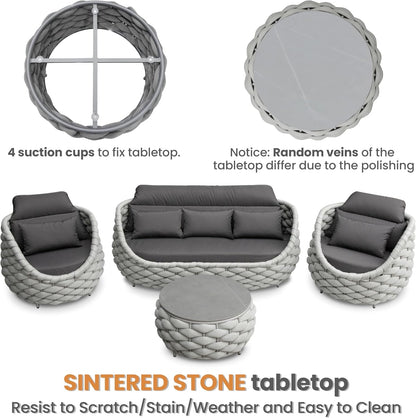 Rope Patio Furniture Set: 4 Pieces Aluminum Outdoor Couch Set Cushioned - Assembled Conversation Sofa Set Modern - Metal Porch Seating for 5 Person - All Weather for Deck Garden Poolside Hotel6