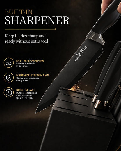 Knife Set 15 Piece Kitchen Knife Set with Block | Built in Sharpener, German Stainless Steel, Dishwasher Safe, Black Kitchen Knives Complete Set, for Home Cooking & Gifting4