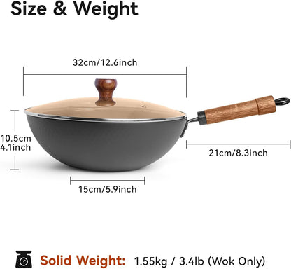 Carbon Steel Wok Pan with Lid, 12.6" Hammered Stir Fry Pan, Thickened Heavy Duty Flat Bottom Wok for Electric, Induction & Gas Stoves, Detachable Wood Handle, No Chemical Coating (Black)8