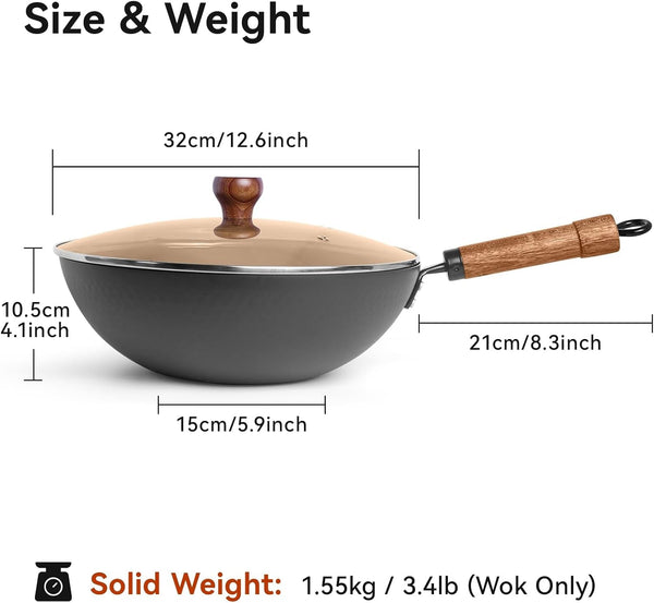 Carbon Steel Wok Pan with Lid, 12.6" Hammered Stir Fry Pan, Thickened Heavy Duty Flat Bottom Wok for Electric, Induction & Gas Stoves, Detachable Wood Handle, No Chemical Coating (Black)8