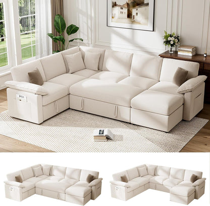 109" Modular Sectional Sofa with Pull Out Bed, L Sleeper Sofa, Beige1