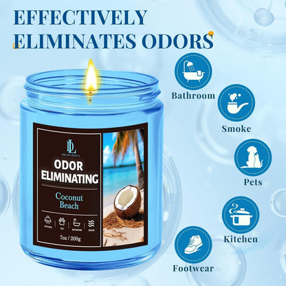 Coconut Beach Odor Eliminating Highly Fragranced Candle, Eliminates 95% of Living Room, Bedroom, Bathroom and Other Smells Quickly, Air Freshing Scented Candles, Soy Candle Gifts for Women Men, 7Oz5