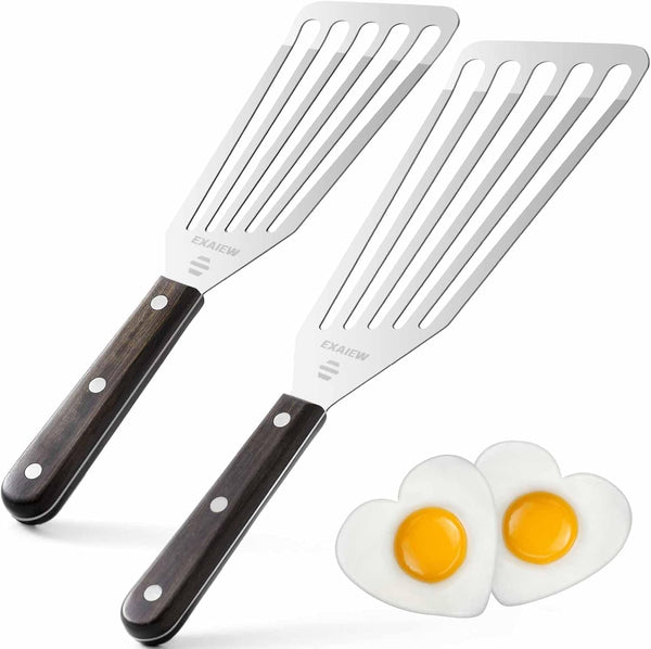 2 Pack Fish Spatula - Stainless Steel Spatula, Metal Spatula, Wooden Hdl1