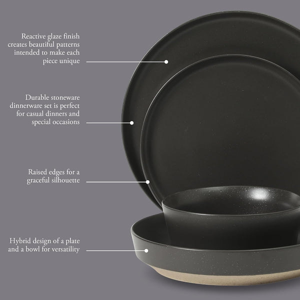 Overbrook 16-Piece Pottery Clay Stoneware Dinnerware Set – Black Reactive Glaze, Stackable Plates and Bowls W/Pasta Bowl, Service for 4 – Microwave & Dishwasher Safe4