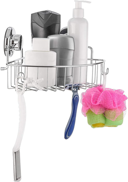 Corner Shower Caddy with Suction Cups and 3M Adhesive Mounting Discs for Porous Surfaces - Stainless Steel Basket for Bathroom Storage (Chrome)2