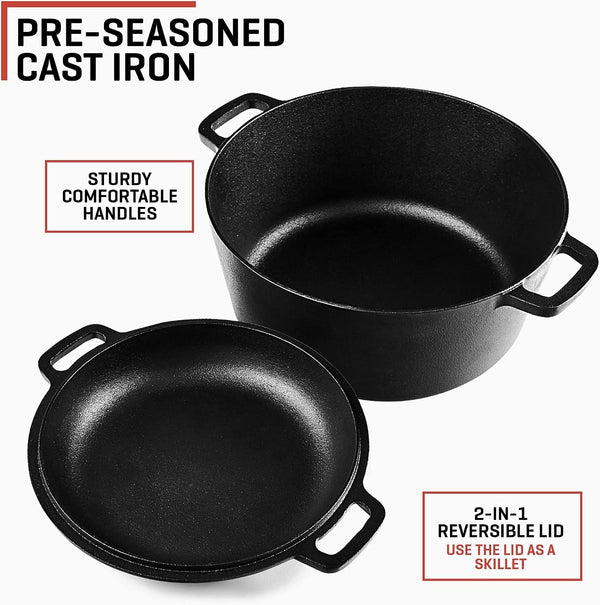 2-In-1 Cast Iron Dutch Oven Large - 5 Quart Dutch Oven Pot with Lid, Pre-Seasoned Cooking Dish for Bread Baking and Stews - Heavy Duty Cast Iron Pot with Detachable Frying Pan Lid for Versatile Cooking4