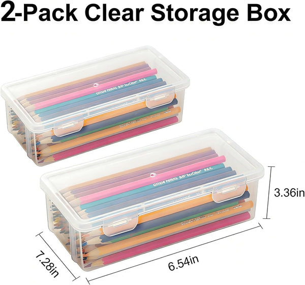 Clear Storage Box with Lids 2 Pack, Small Plastic Organizer Bins, Plastic Pencil Cases for Office Supplies, Cosmetics, Craft Items and Cables, Portable and Strong2