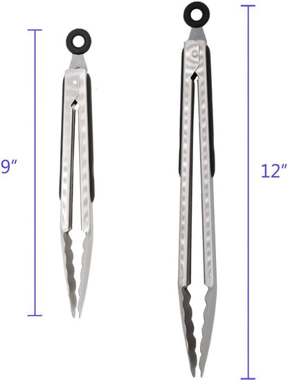 304 Stainless Steel Kitchen Cooking Tongs, 9" and 12" Set of 2 Sturdy Grilling Barbeque Brushed Locking Food Tongs with Ergonomic Grip, Black4