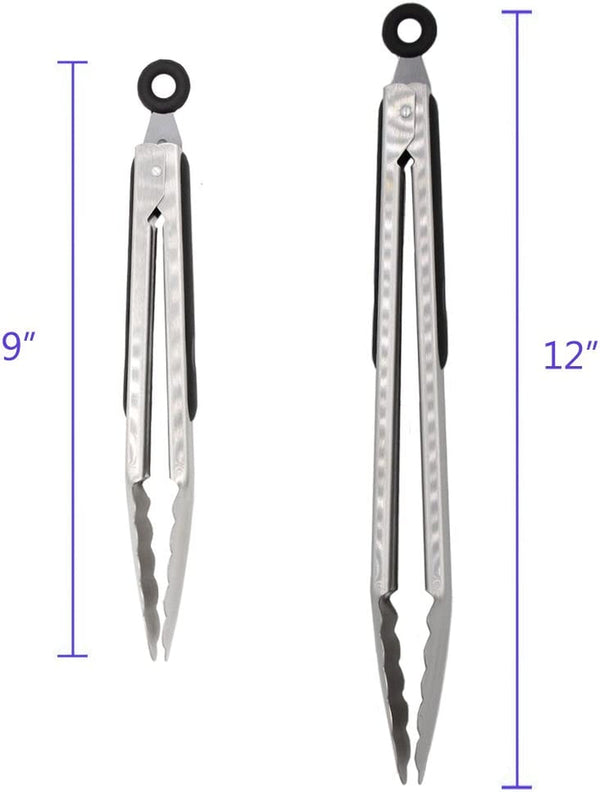 304 Stainless Steel Kitchen Cooking Tongs, 9" and 12" Set of 2 Sturdy Grilling Barbeque Brushed Locking Food Tongs with Ergonomic Grip, Black4