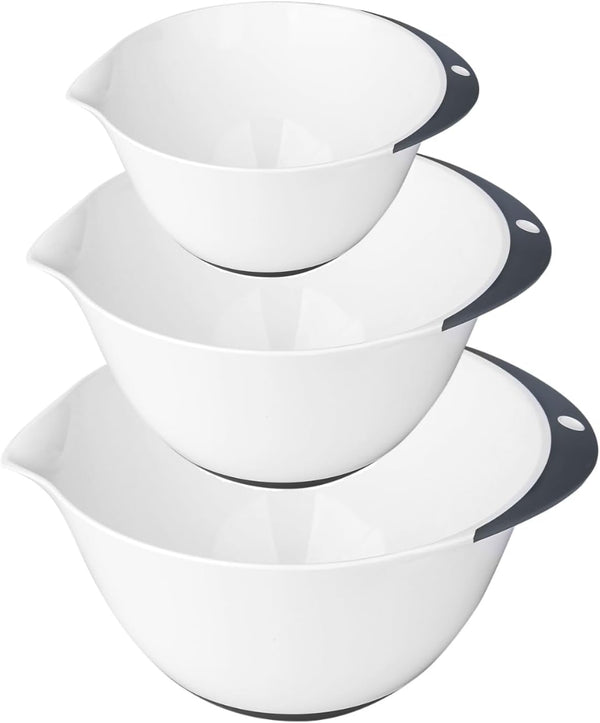 6Qt,3.5Qt,2Qt 3 Extra Large Plastic Mixing Bowl with Pour Spout TPR Bottom,Nesting Mixing Bowls Set for Kitchen Cooking Prep Mixing Egg Milk Batter Baking Easy Grip Non-Slip Lightweight White1