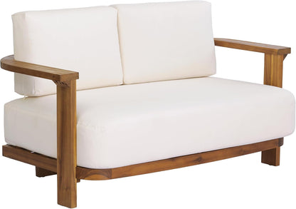 Stella Acacia Wood 4 Piece Patio Furniture Set, Wooden Patio Conversation Set with Club Chair+Coffee Table, 4-Seater Outdoor Loveseat Sofa + Armchair and Table Set, Teak+Beige11