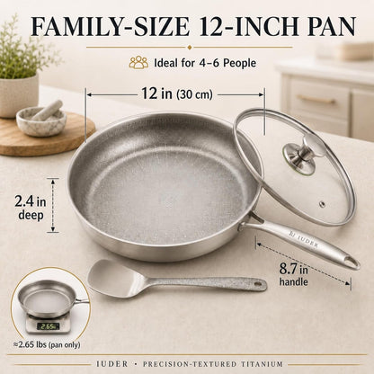 Titanium Pans for Cooking, 12" Frying Pan with Lid, Coating Free | PFAS/PFOA/PTFE Free Cookware, Uncoated Hammered Titanium Pan, Nonstick Skillet, Full-Wall Titanium, Oven & Induction Safe8