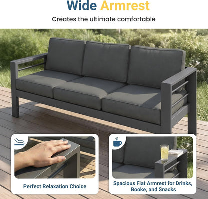 Aluminum Patio Furniture Set for All Weather, Oversized Metal Outdoor Furniture Set with 27.5" Deep Seat and 10" Back Cushion, Patio Conversation Sets with Wide Armrest, Dark Grey4