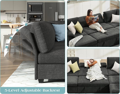 105" Sofa Bed, Sectional Sleeper Sofa with Pull Out Bed/Reclining Backrest, Sleeper Couch Bed with Storage, 6 Seater Couch Bed for Living Room, Chenille Dark Gray4