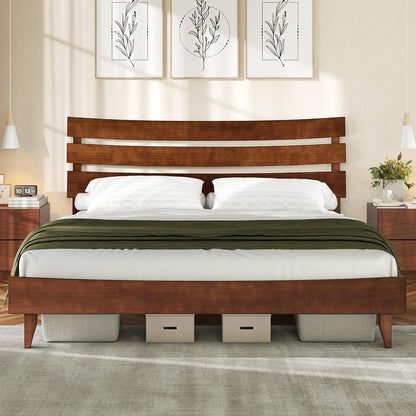 Mid Century Queen Size Solid Wood Platform Bed, Slatted Headboard1