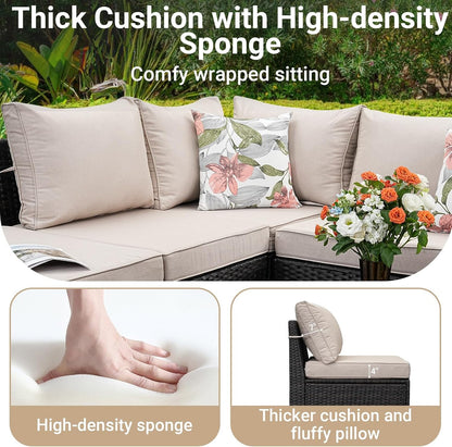 6-Piece Patio Furniture Set, All-Weather Outdoor Wicker Sectional Sofa with Cushions, Glass Table & Left and Right Armrest, Rattan Conversation Seating for Porch, Garden, Backyard,Beige4