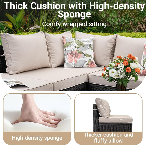 6-Piece Patio Furniture Set, All-Weather Outdoor Wicker Sectional Sofa with Cushions, Glass Table & Left and Right Armrest, Rattan Conversation Seating for Porch, Garden, Backyard,Beige4
