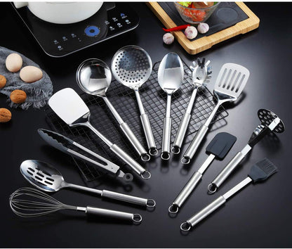 Cooking Utensil Set 13 Piece Stainless Steel Kitchen Tool Set with Holder, Include Cooking Spoon, Spatula, Whisk, Cooking Tong and Etc. (13 Pieces)2